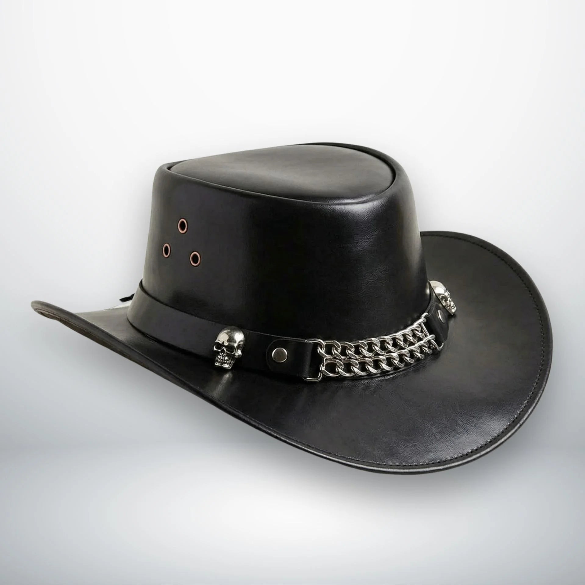 Side angle of men's leather outback hat with skull conchos and chain