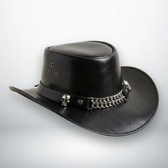 Side angle of men's leather outback hat with skull conchos and chain