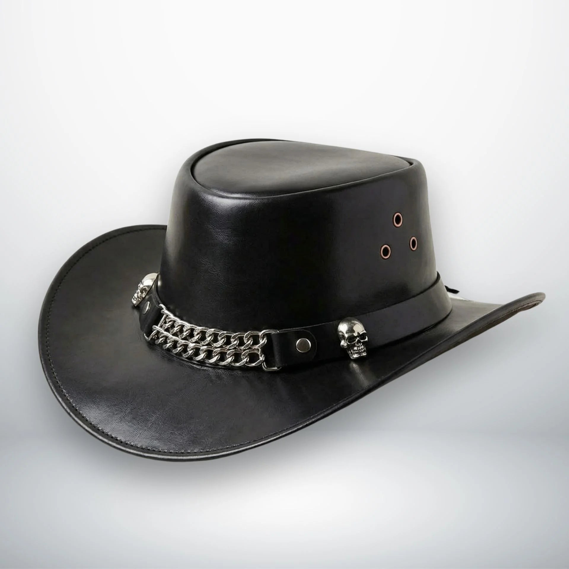 Opposite side angle of black leather cowboy hat with chain band