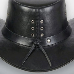Close-up of rear eyelets and leather tie on black leather outback hat