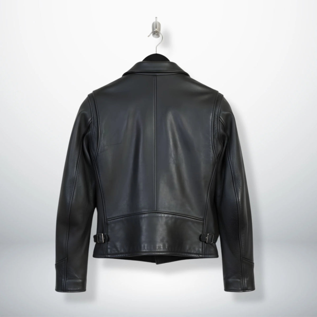 back view of men's black leather rider jacket with side buckle adjusters.