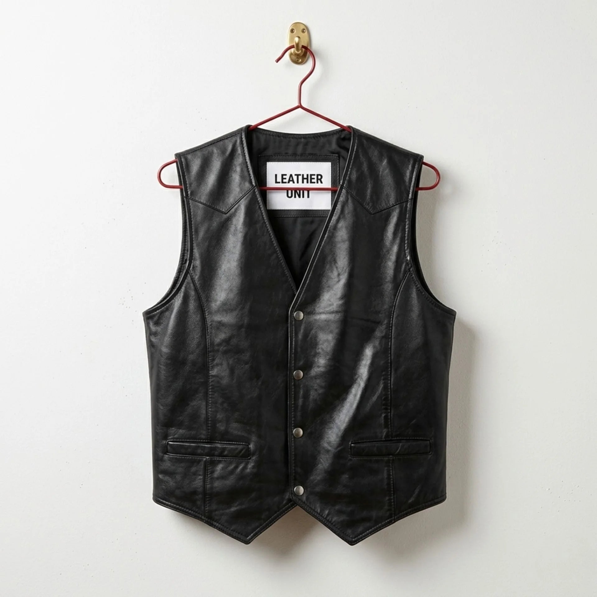 Front view of men's black leather western vest with snap closure by Leather Unit