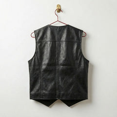 Back of men's black leather western vest showing clean seams and pointed hem