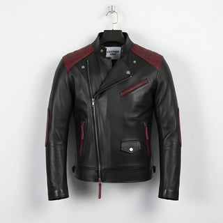 front view of men's black and maroon biker leather jacket with quilted shoulders.
