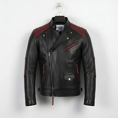 front view of men's black and maroon biker leather jacket with quilted shoulders.