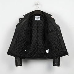 inside view of men's black and maroon biker leather jacket showing quilted lining.