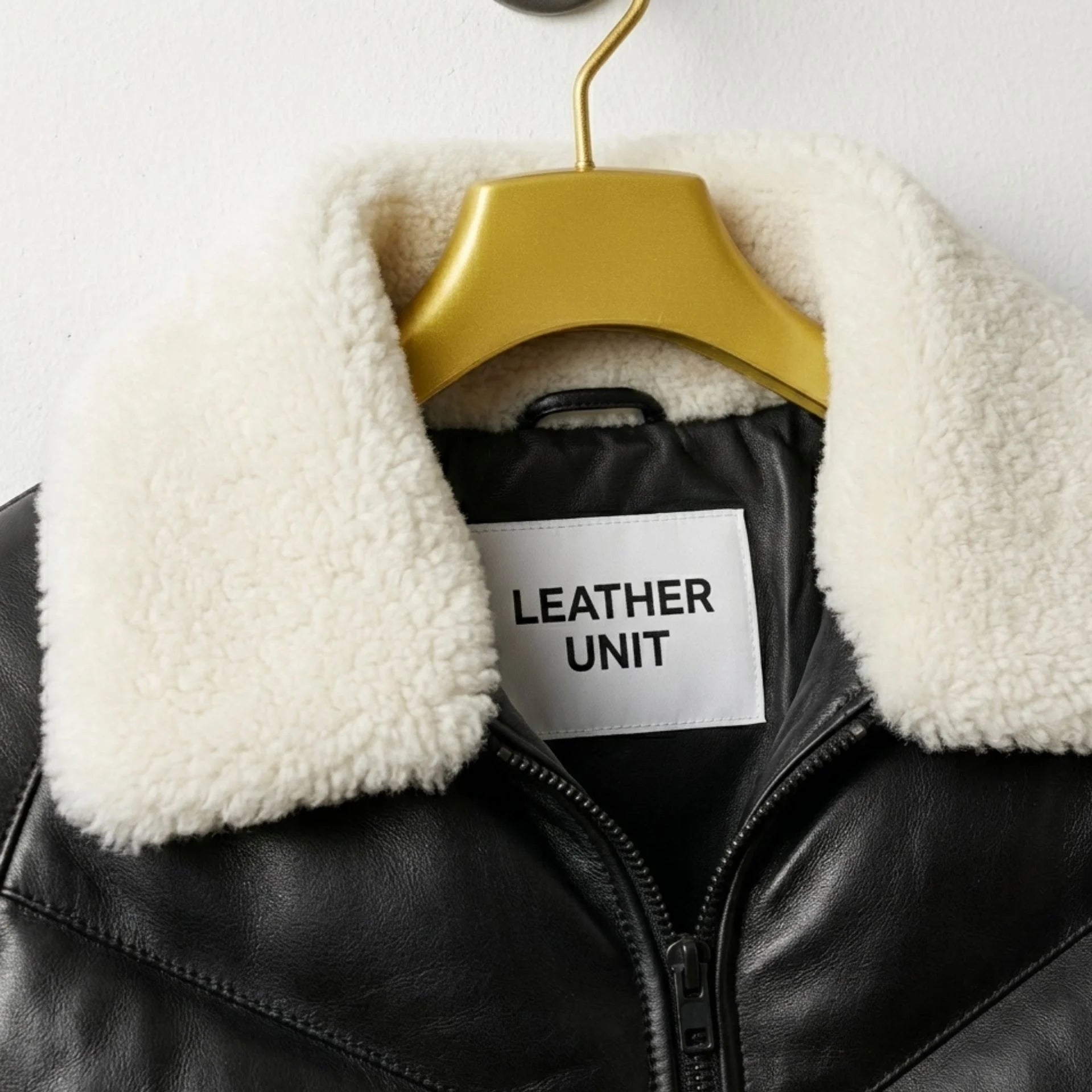Close-up of luxurious fur collar and Leather Unit branding