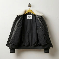 Interior view of Black Leather Puffer Jacket with premium lining and Leather Unit tag