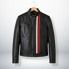 Front view of men's black genuine leather moto jacket with red and beige racing stripes.