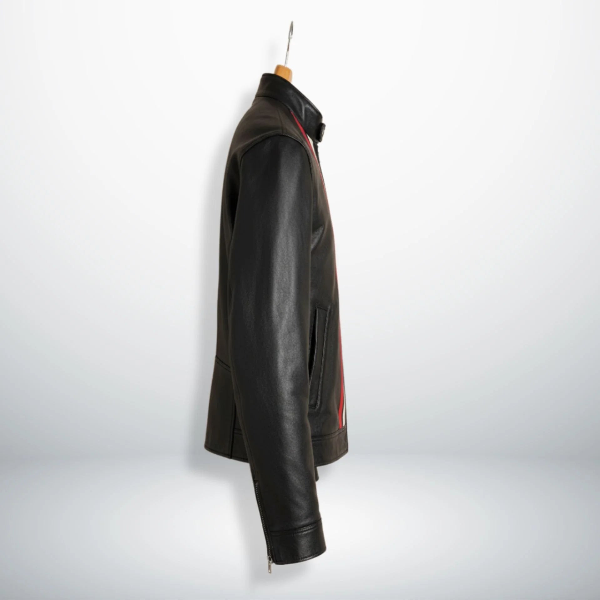 Side view of men's black leather motorcycle jacket with slim tailored fit.