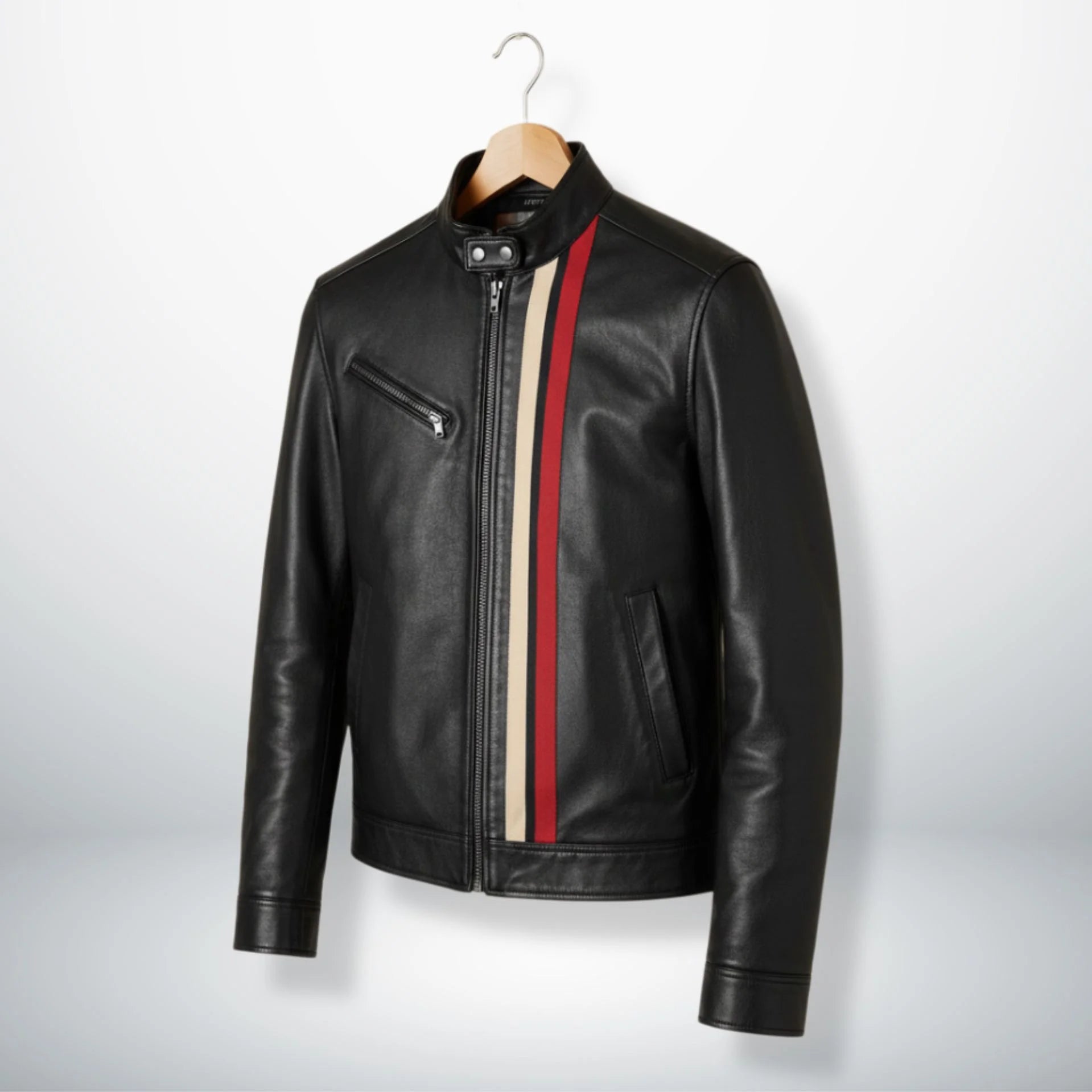 Angled front view of men's black racing stripe leather jacket with stand collar and front zipper.