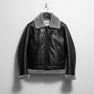front view mens black shearling aviator leather jacket on hanger by Leather Unit.