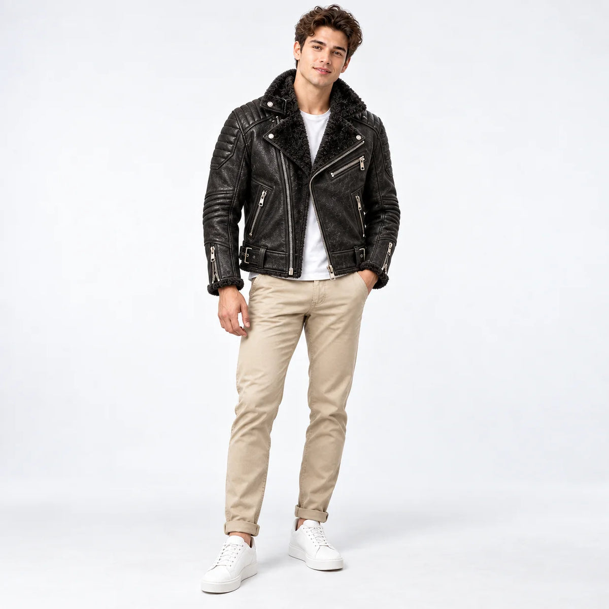 Front model view of obsidian black leather moto jacket with asymmetric zip, fur lapels and waist buckles