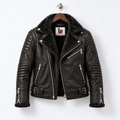 Front hanger view of black sheepskin biker jacket with faux fur collar, asymmetric zip and three zip pockets