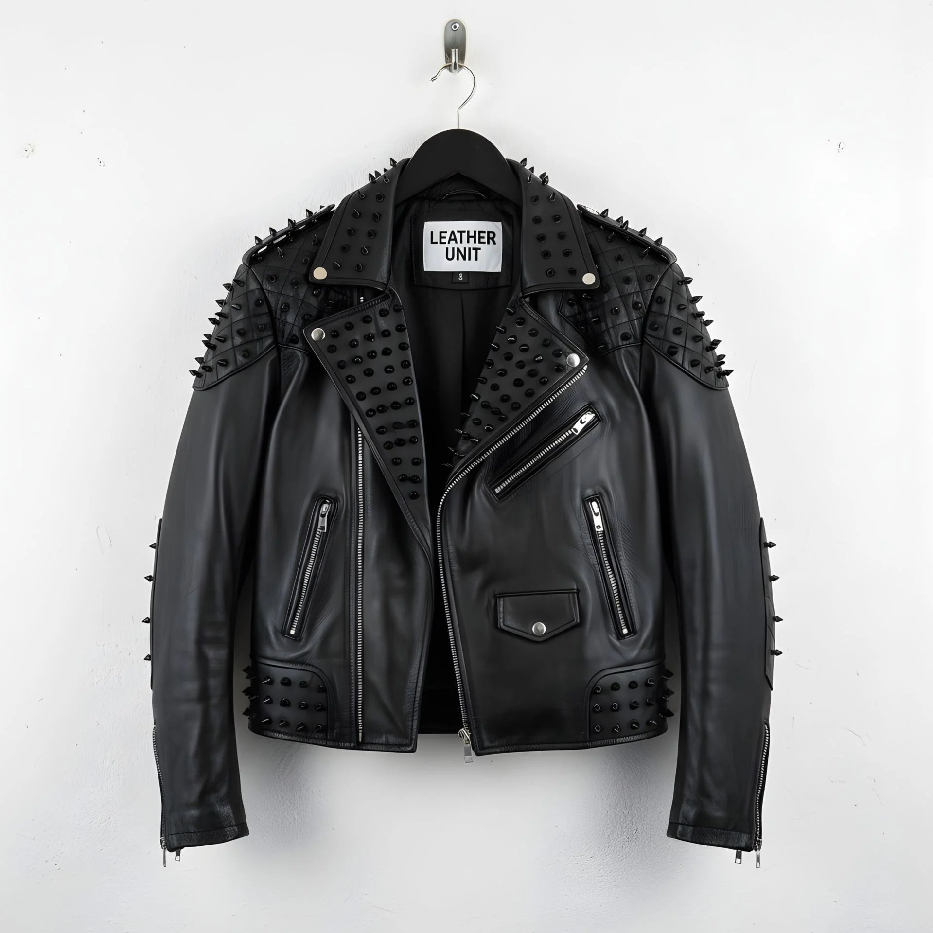 front view of men's black studded leather biker jacket with spikes and zippers.