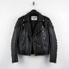front view of men's black studded leather biker jacket with spikes and zippers.