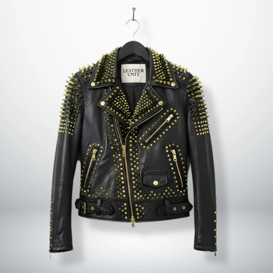 front view of men's black studded leather biker jacket with gold spikes.