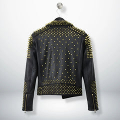 back of men's black leather biker jacket covered in gold studs.