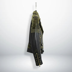 side profile of men's black spike leather biker jacket with studded sleeves.