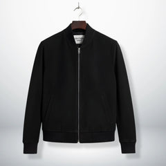front view mens black suede bomber jacket with zipper by Leather Unit.