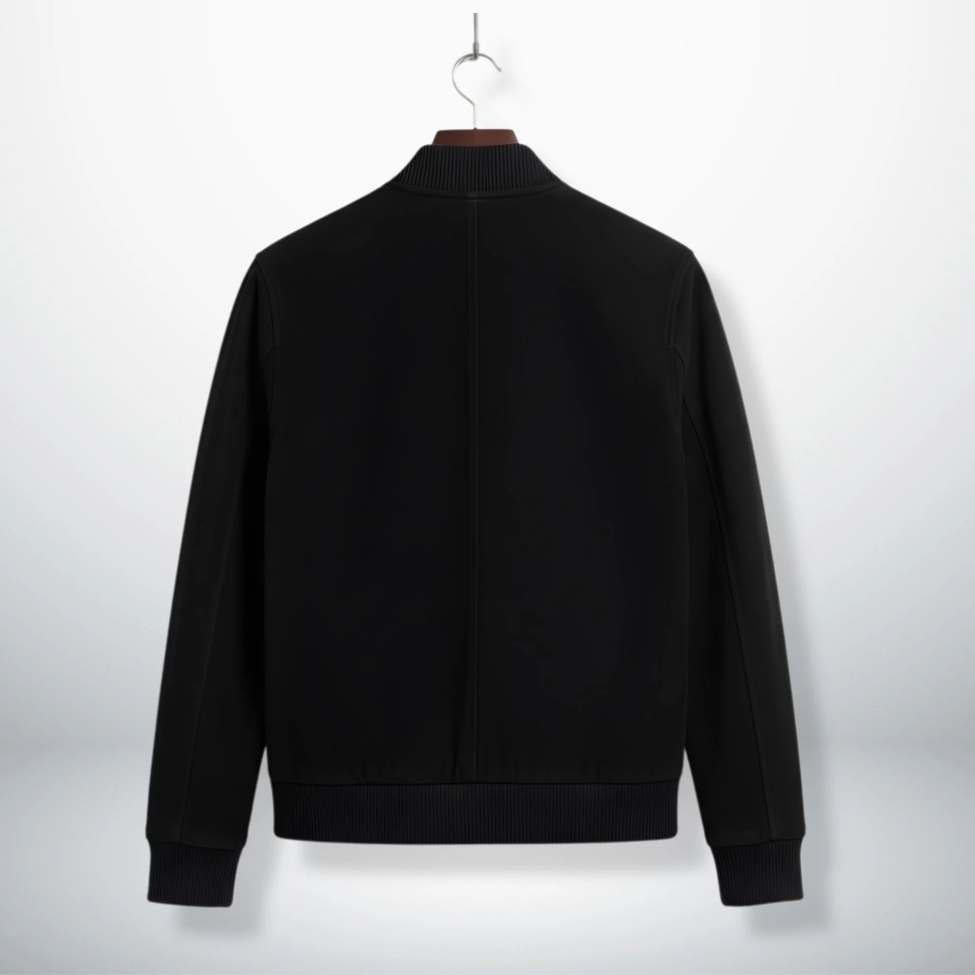 back view mens black suede bomber jacket with ribbed hem.