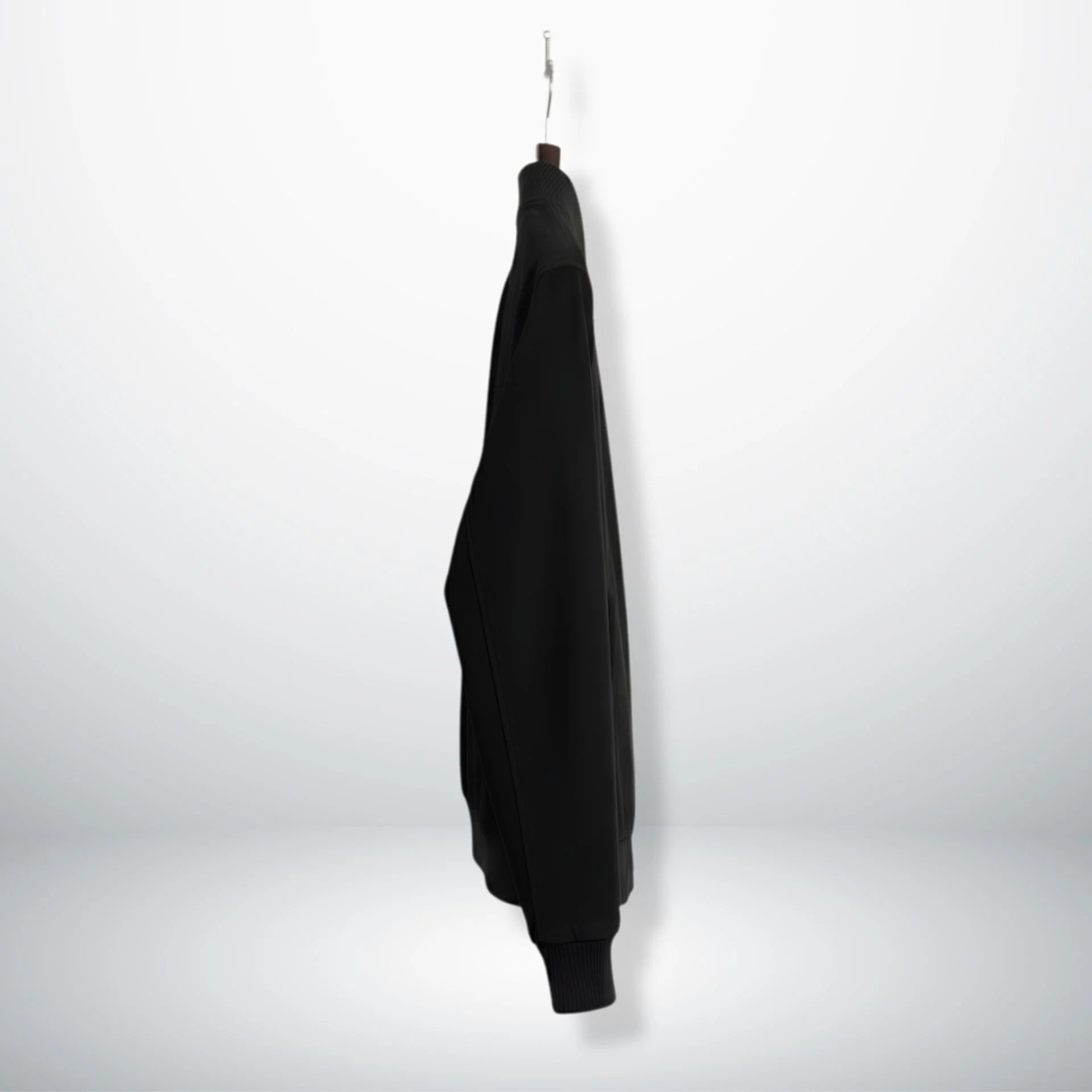 side profile mens black suede bomber jacket on hanger.