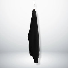 side profile mens black suede bomber jacket on hanger.