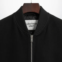 close up ribbed bomber collar and zipper on black suede jacket.