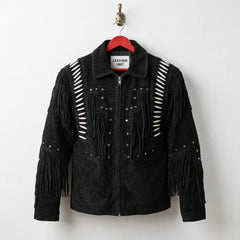 Front view of men's black suede fringe western jacket with bone detailing by Leather Unit.