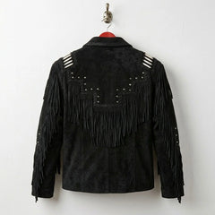 Back view of men's black suede western jacket with long fringe and studs.