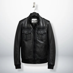 front view mens black trucker bomber leather jacket on hanger by Leather Unit.