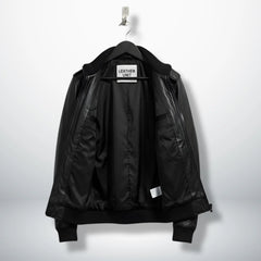 inside view mens black leather bomber jacket with lining and inner pockets.