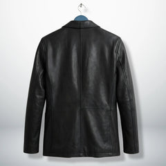 Back view of men’s black leather blazer jacket with center seam