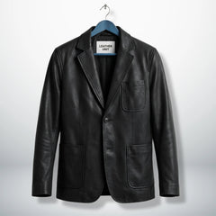Front view of men’s black two button leather blazer by Leather Unit