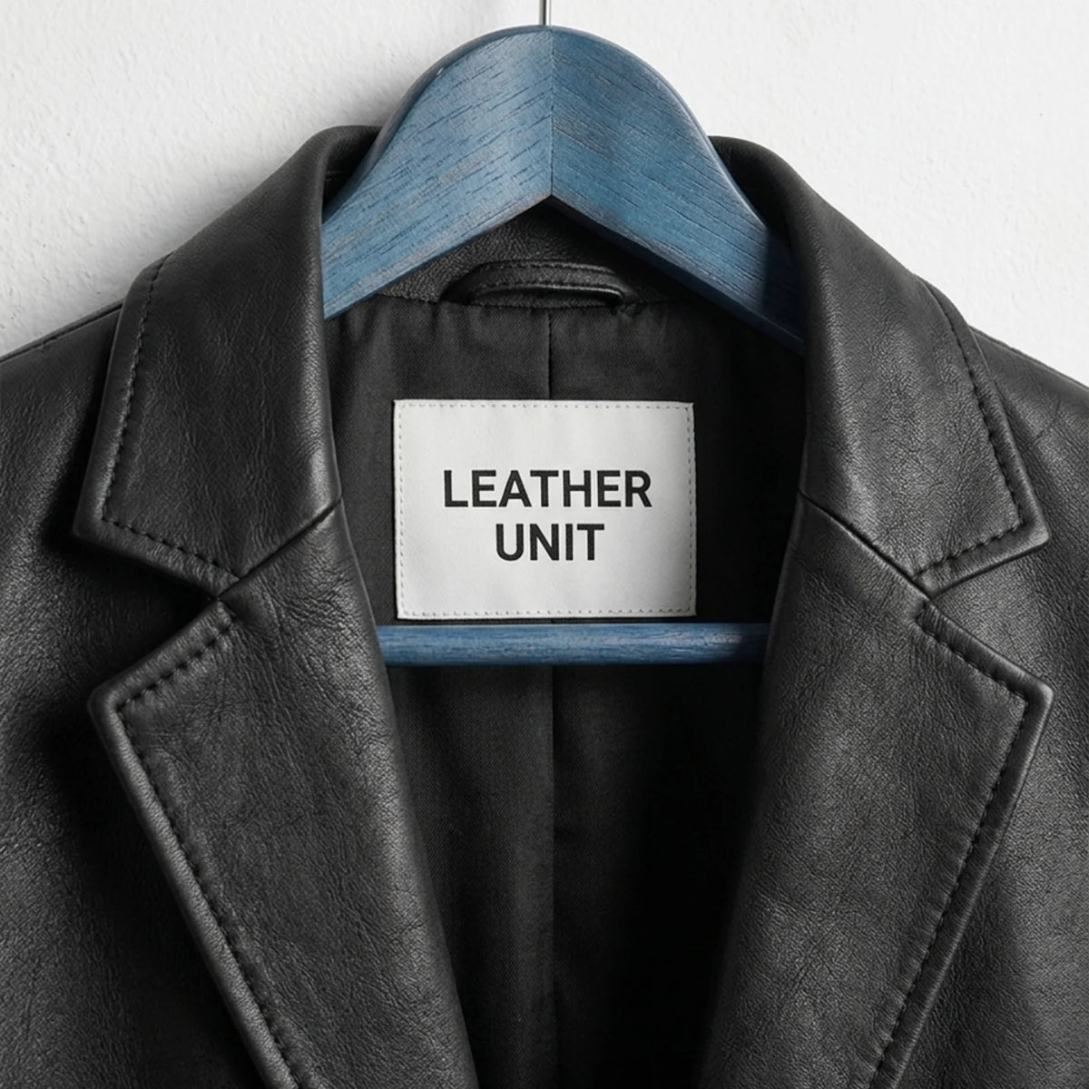 Close up of notch lapel and Leather Unit label on black leather blazer