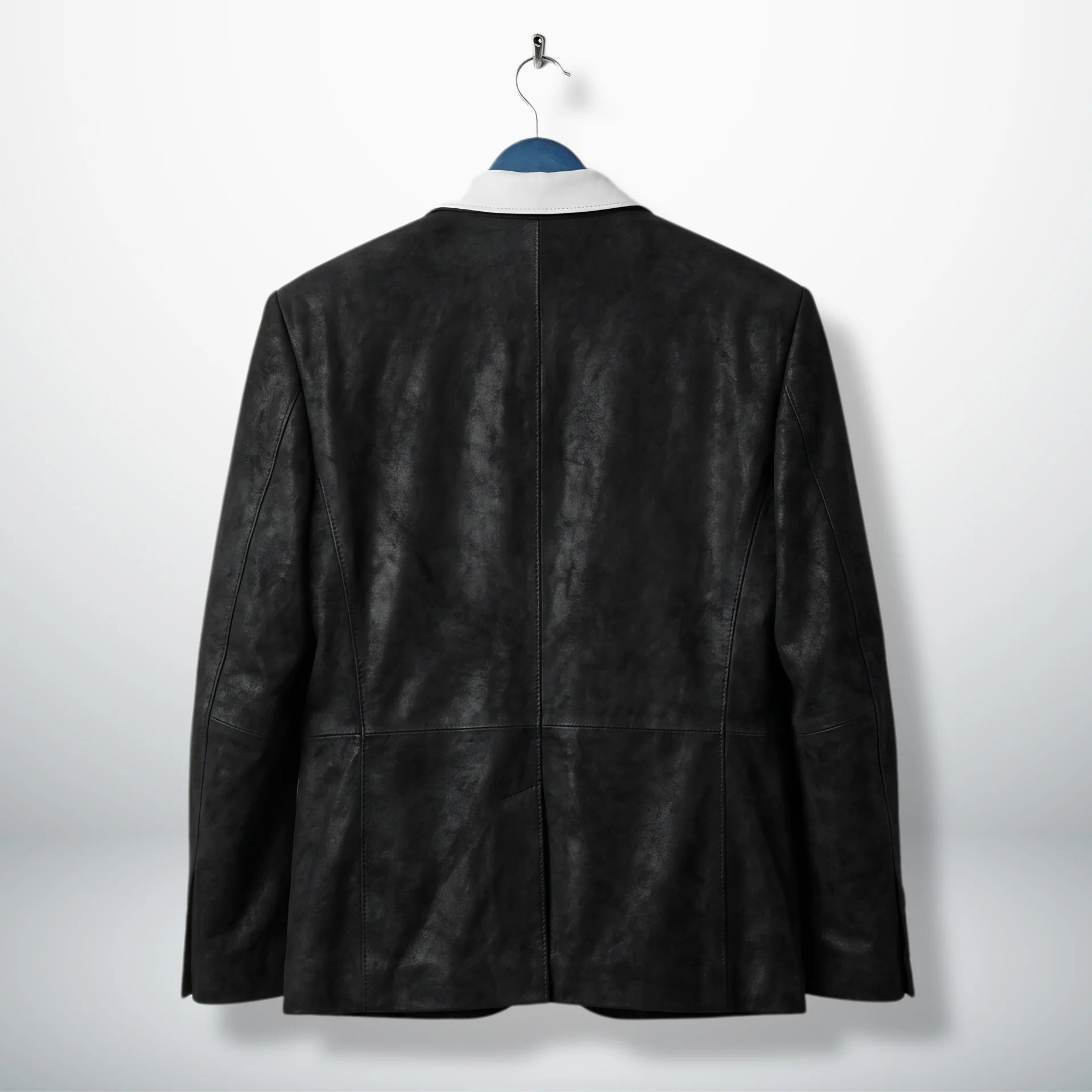 Back view of men’s black leather blazer jacket with tailored seams