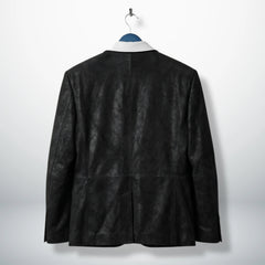 Back view of men’s black leather blazer jacket with tailored seams