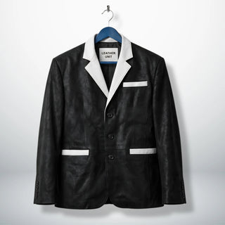Front view of men’s black and white 3 button leather blazer by Leather Unit