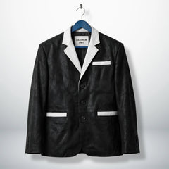 Front view of men’s black and white 3 button leather blazer by Leather Unit