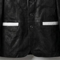 Front button and white pocket trim detail on men’s black and white leather blazer