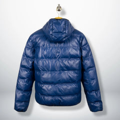Back view of Men's Blue Hooded Real Leather Puffer Jacket by Leather Unit