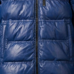 Close up of premium sheepskin leather texture on blue puffer jacket