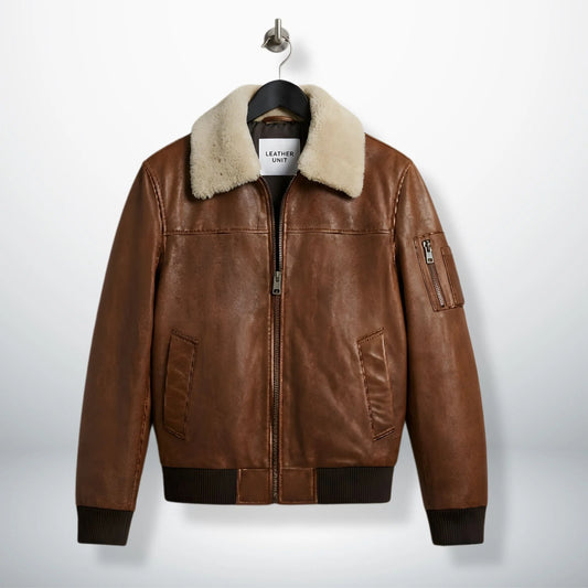 front view men's brown bomber leather jacket with fur style collar.
