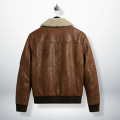 back view men's brown genuine leather bomber jacket.