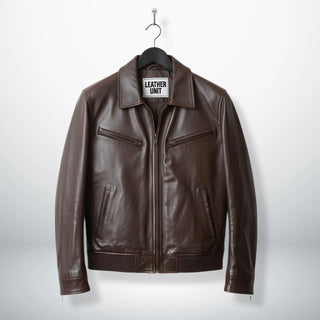 front view mens brown bomber leather jacket with shirt collar by Leather Unit.