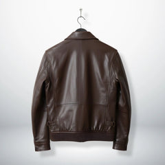 back view mens brown genuine leather bomber jacket.