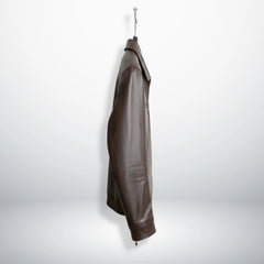 side profile mens brown leather bomber jacket on hanger.