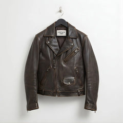 front view mens vintage brown cowhide leather biker motorcycle jacket by Leather Unit.