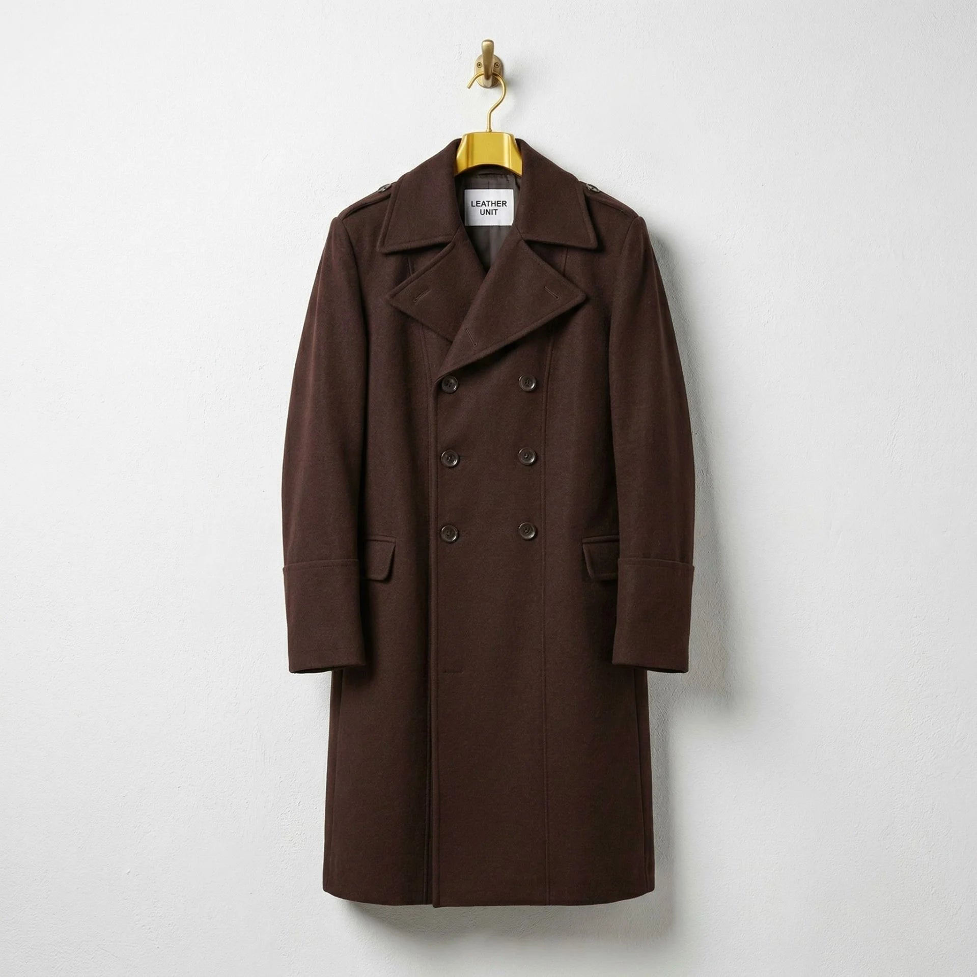 Front view of men's brown double breasted wool overcoat by Leather Unit.