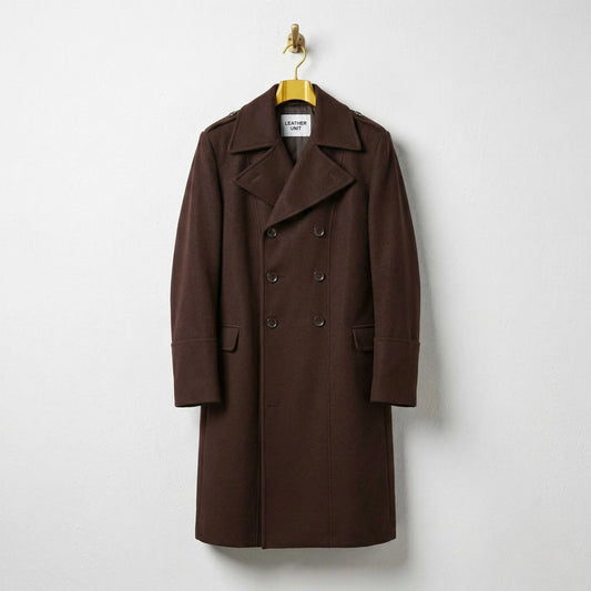 Front view of men's brown double breasted wool overcoat by Leather Unit.